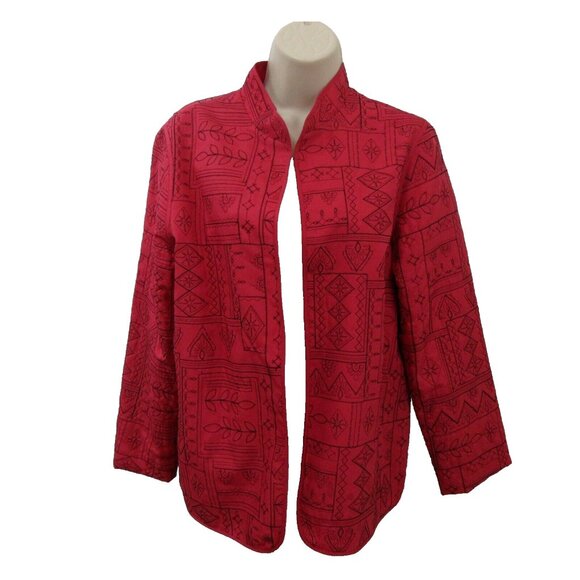 Alfred Dunner Jacket Sz 10 Open Front Embroidered Patchwork Red wBlack Stitching - Picture 1 of 6